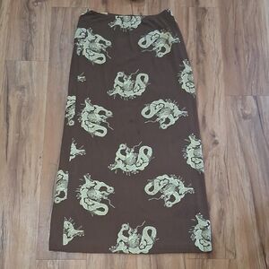 La Belle Brown Pencil Skirt with Light Green Dragon Print